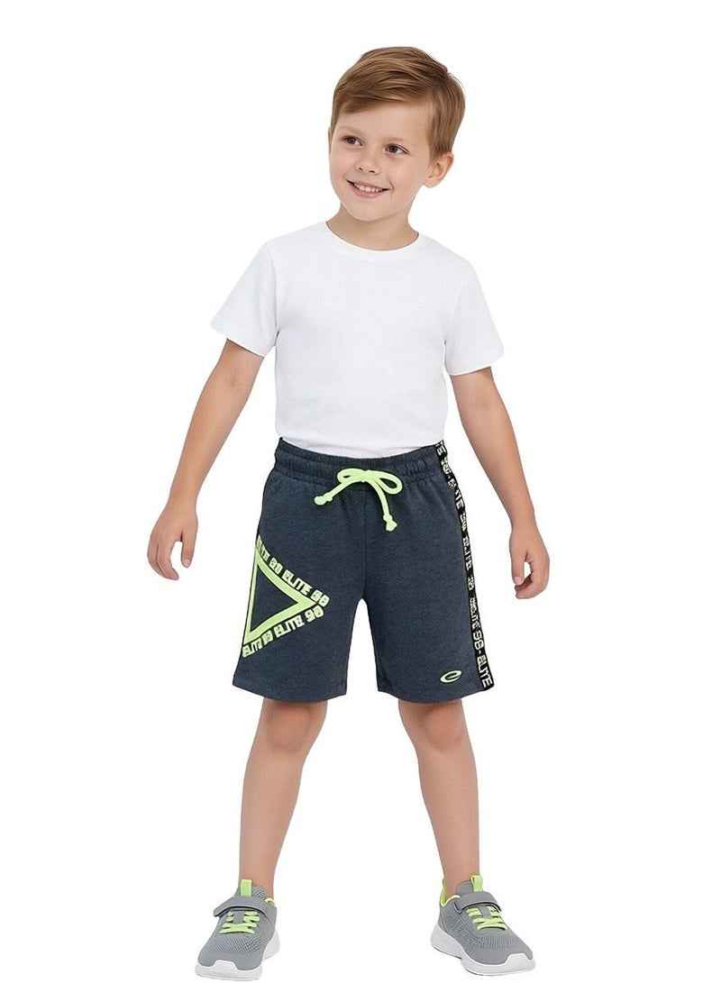 WiNi BEE Boys' Athletic Sport Shorts, Dark Grey Heather with Neon Green Print, Knee-Length Training Pants, Elastic Waistband with Drawstring, Ages 2-6 Years - Image 3